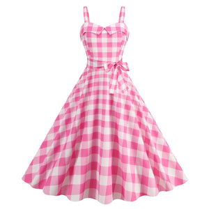 Women's Pink Plaid Dress Vintage 50s 80s Halloween Party Costume Film Fancy Dress