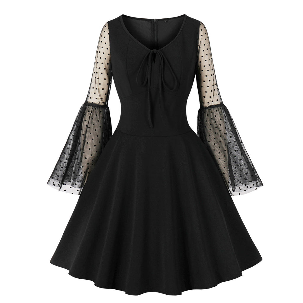 Women's Polka Dots Trumpet Sleeve Vintage Gothic Midi Dress