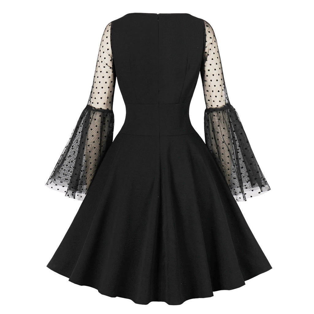 Women's Polka Dots Trumpet Sleeve Vintage Gothic Midi Dress