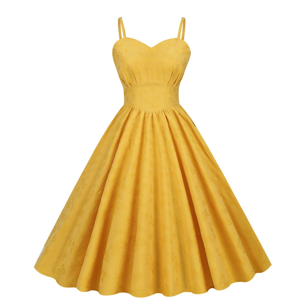 Women's Sleeveless Vintage 1950s Cocktail Party Swing Dress Spaghetti Strap Formal A-line Midi Dresses Yellow