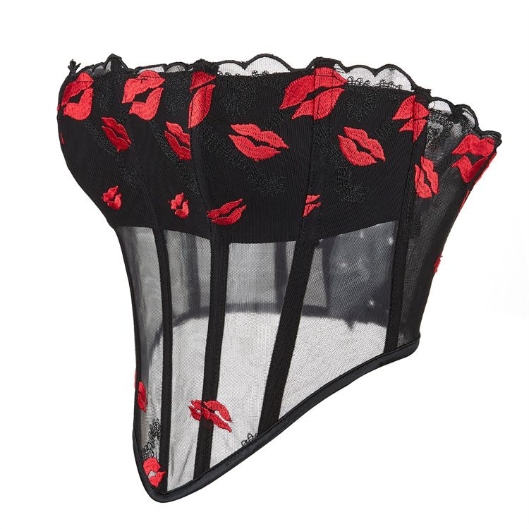 Women's Strapless Bustier Corset Red Lip Printed See Through Mesh Crop Tops