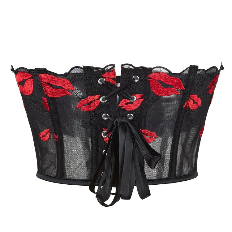 Women's Strapless Bustier Corset Red Lip Printed See Through Mesh Crop Tops