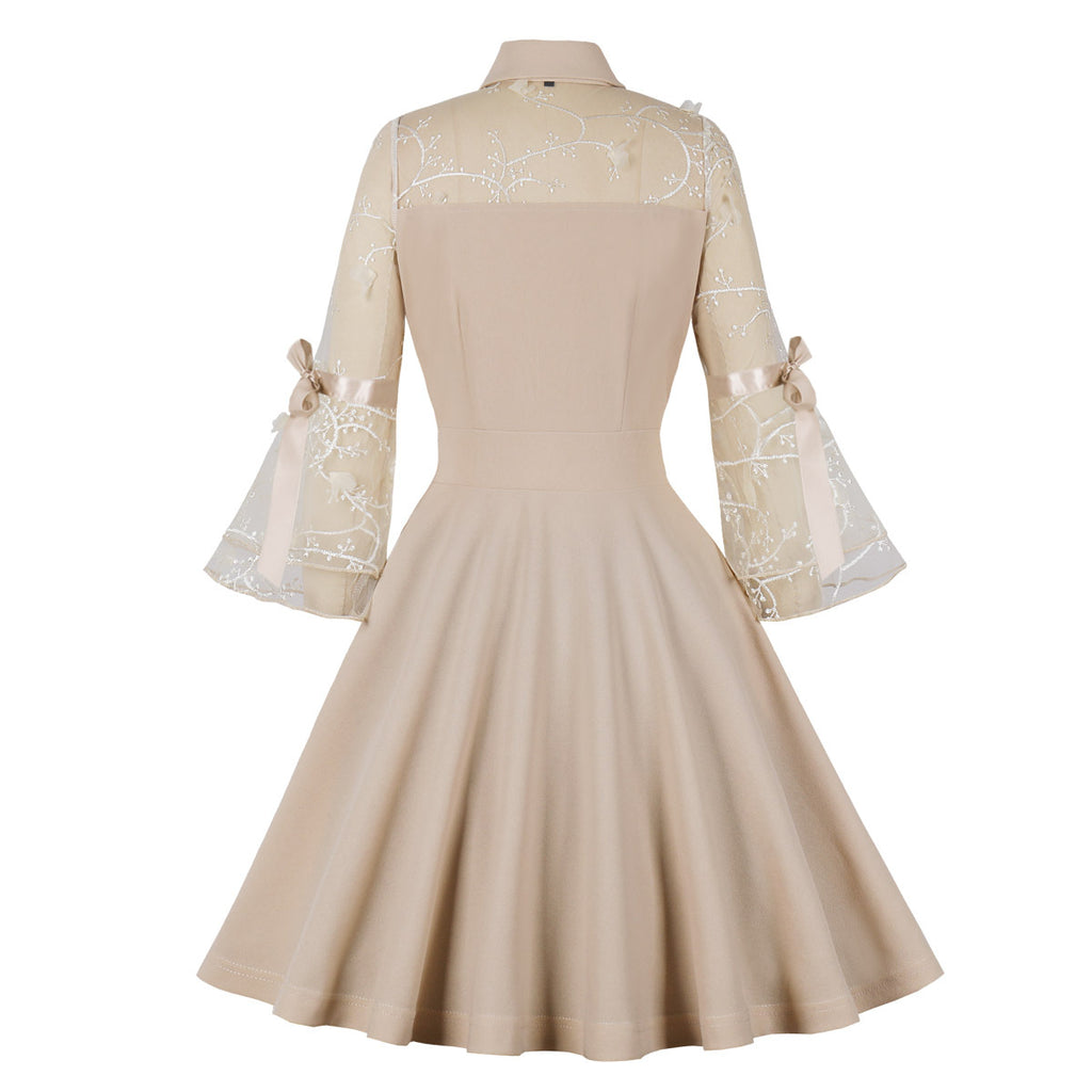 Women's Vintage 1950s Lace A Line Pleated Flare Cocktail Long Dress