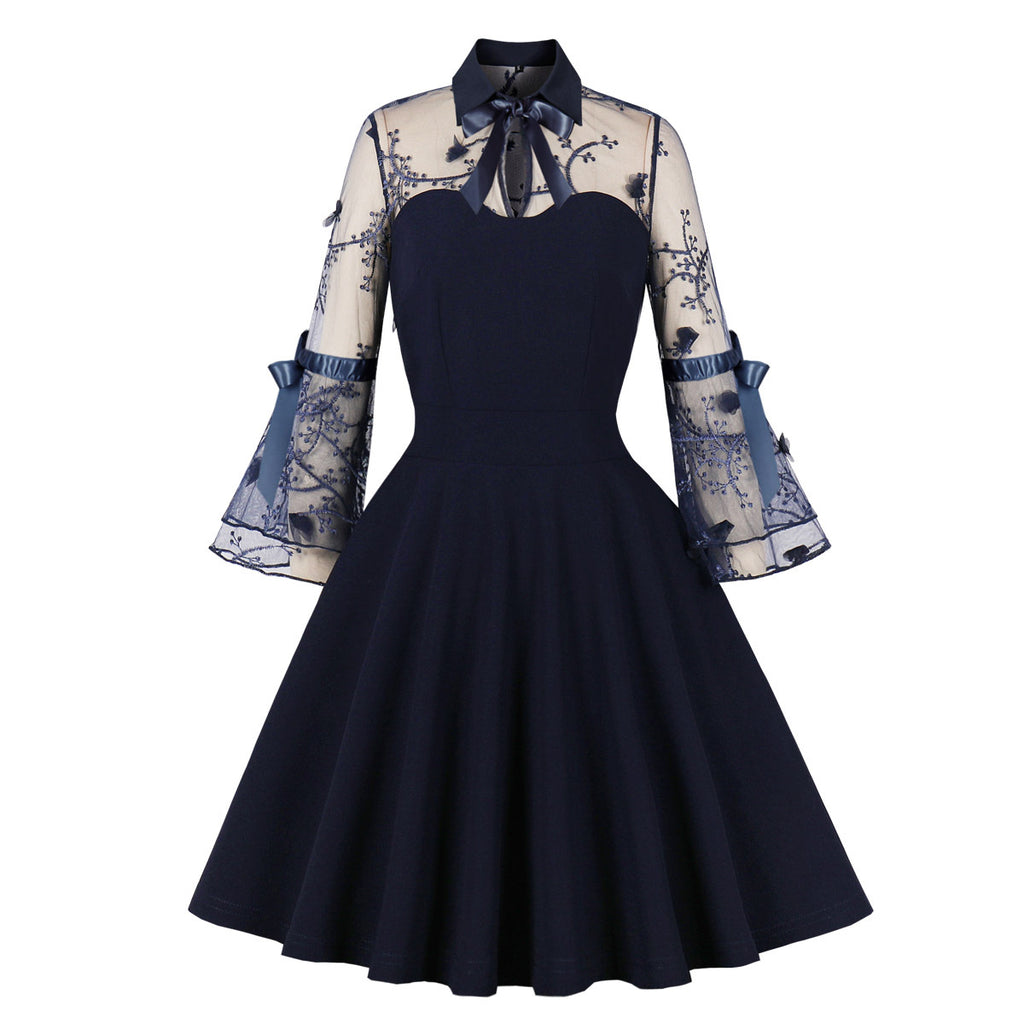 Women's Vintage 1950s Lace A Line Pleated Flare Cocktail Long Dress
