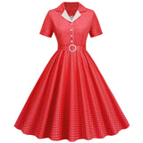 Women's Vintage 1950s Plaid Belt Slim-Fit Swing Retro Dress Mid-Length Dress