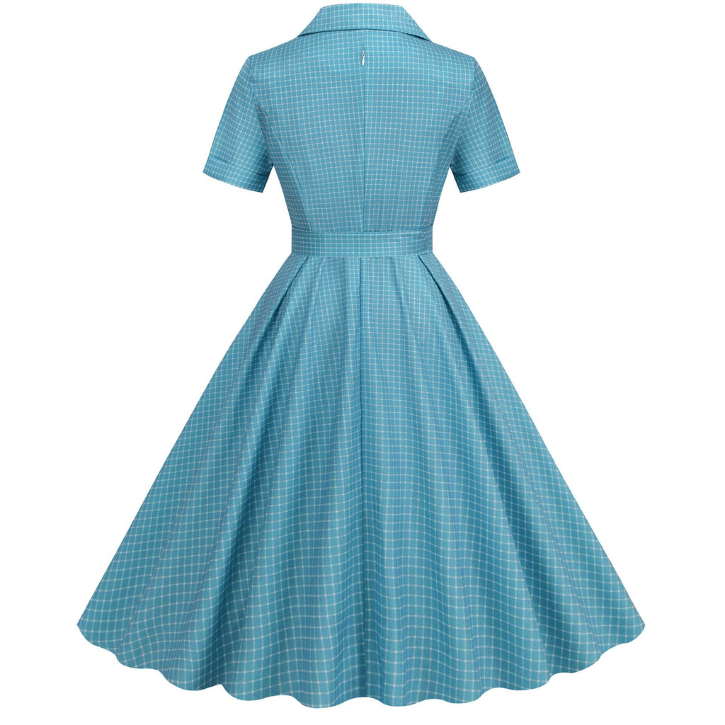 Women's Vintage 1950s Plaid Belt Slim-Fit Swing Retro Dress Mid-Length Dress