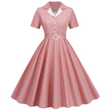 Women's Vintage 1950s Plaid Belt Slim-Fit Swing Retro Dress Mid-Length Dress