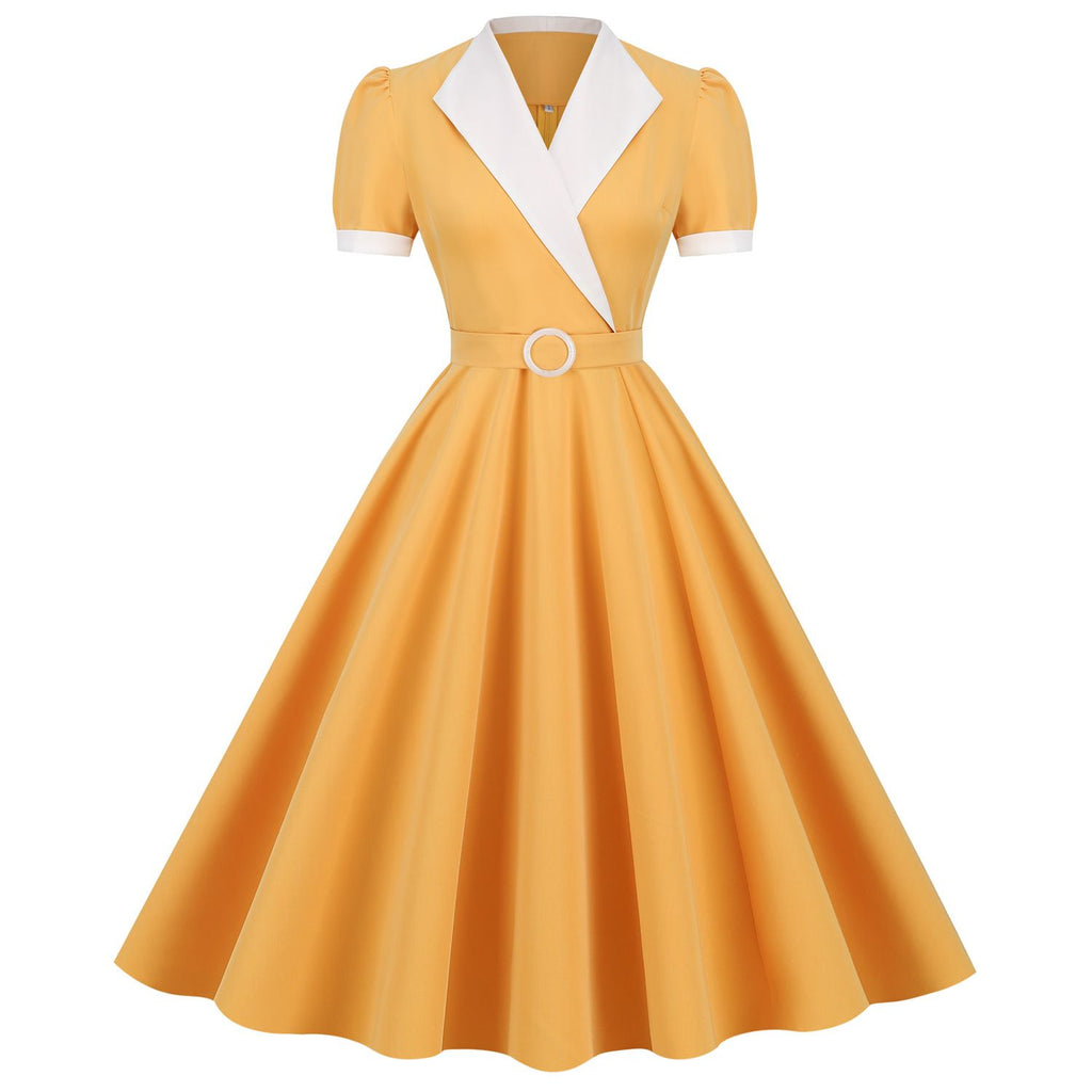Women's Vintage 1950s Retro Party Swing Short Sleeve V-Neck A-line Gown with Belt