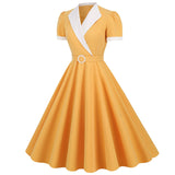 Women's Vintage 1950s Retro Party Swing Short Sleeve V-Neck A-line Gown with Belt