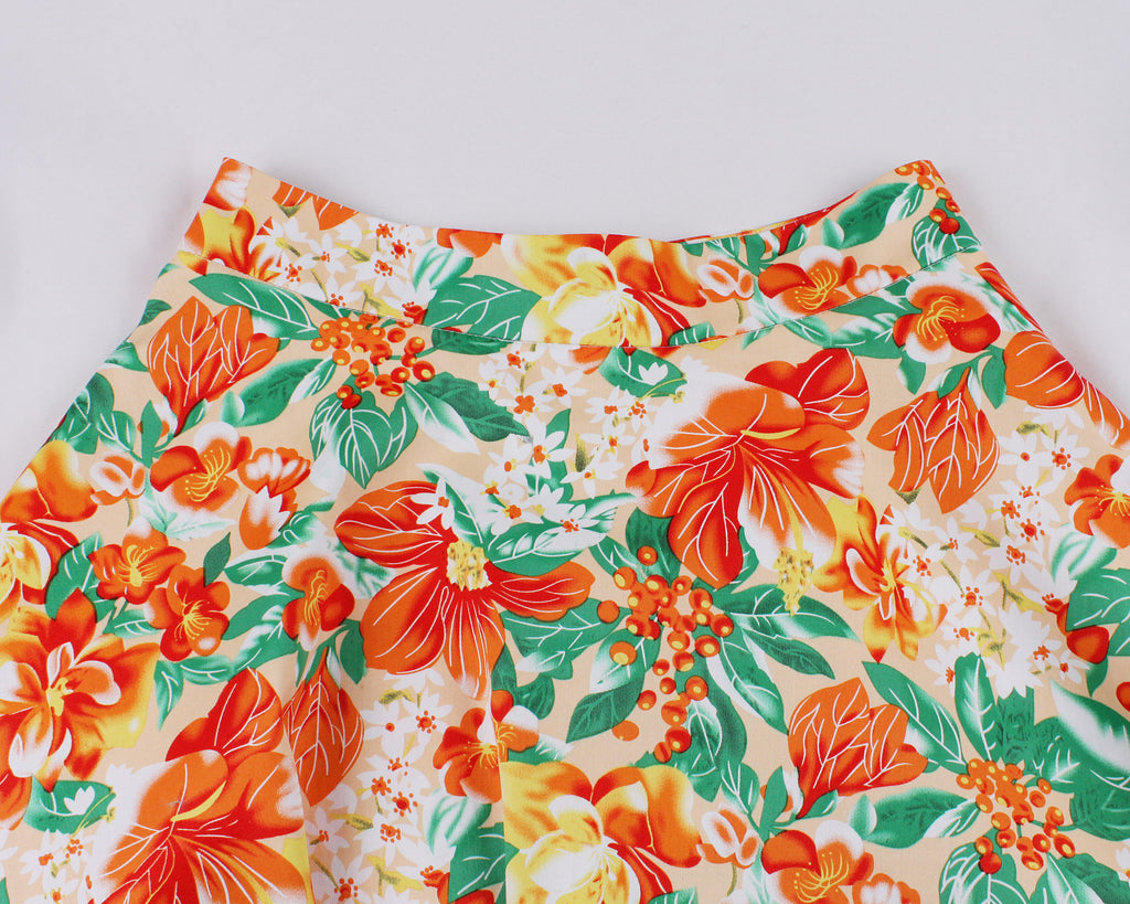 Women's Vintage A-line Flower Printed Pleated Flared Midi Skirt