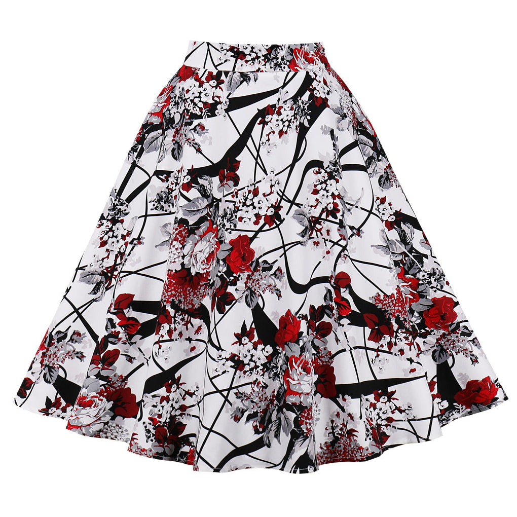 Women's Vintage A-line Flower Printed Pleated Flared Midi Skirt