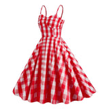 Women's Vintage Pink Plaid Dress Spaghetti Strap Gingham A-line Swing Cocktail Party Dresses