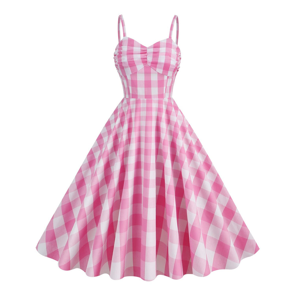 Women's Vintage Pink Plaid Dress Spaghetti Strap Gingham A-line Swing Hiipps Women's Vintage Pink Plaid Dress Spaghetti Strap Gingham A-line Swing Hiipps
