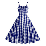 Women's Vintage Pink Plaid Dress Spaghetti Strap Gingham A-line Swing Cocktail Party Dresses