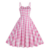 Women's Vintage Pink Plaid Dress Spaghetti Strap Gingham A-line Swing Cocktail Party Dresses