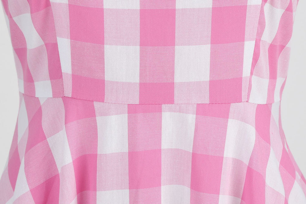 Women's Vintage Pink Plaid Dress Spaghetti Strap Gingham A-line Swing Cocktail Party Dresses