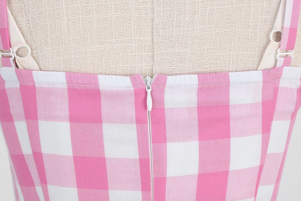 Women's Vintage Pink Plaid Dress Spaghetti Strap Gingham A-line Swing Cocktail Party Dresses