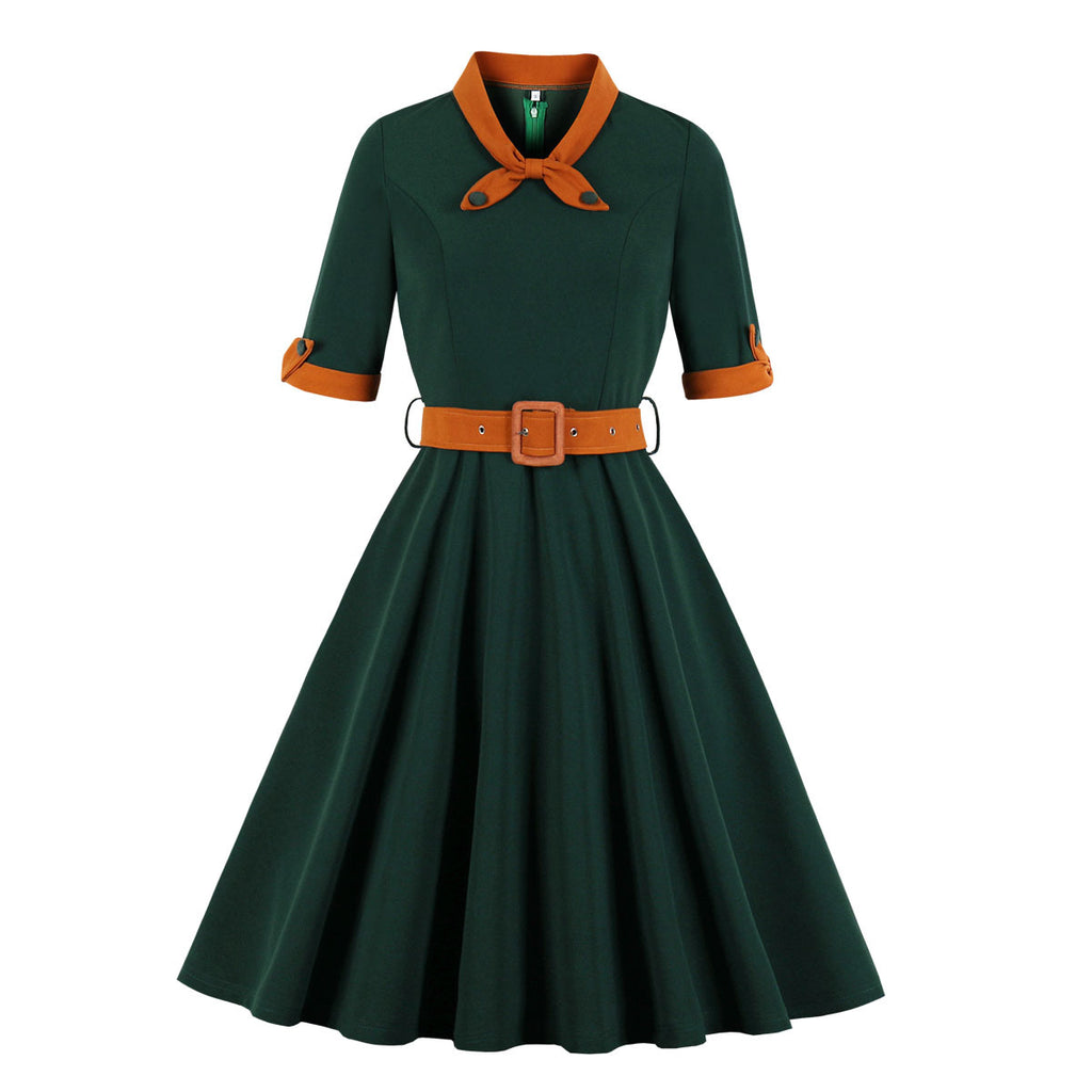 Women's Vintage Short Sleeve A Line Midi Summer Dress with Belt