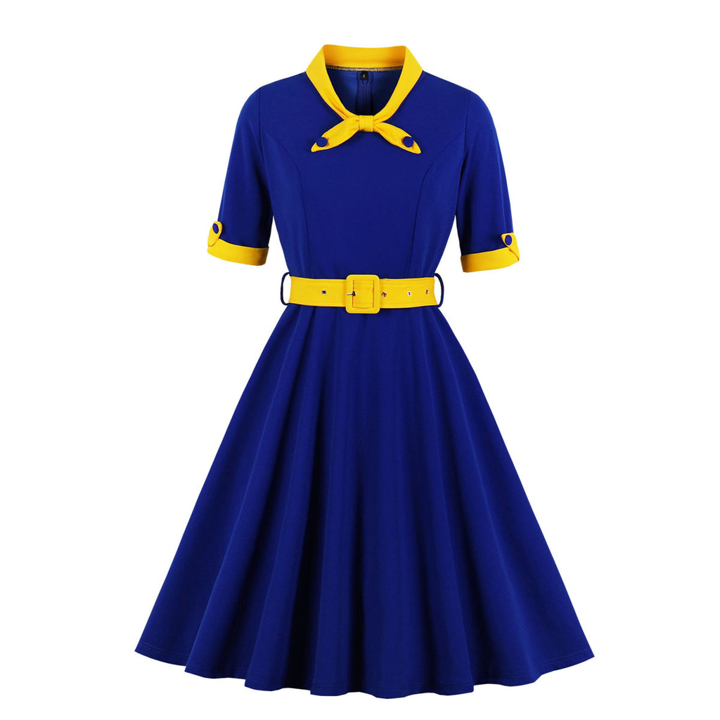 Women's Vintage Short Sleeve A Line Midi Summer Dress with Belt