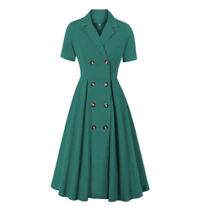 Women's Vintage Short Sleeves 1950s A-Line OL Button Dress