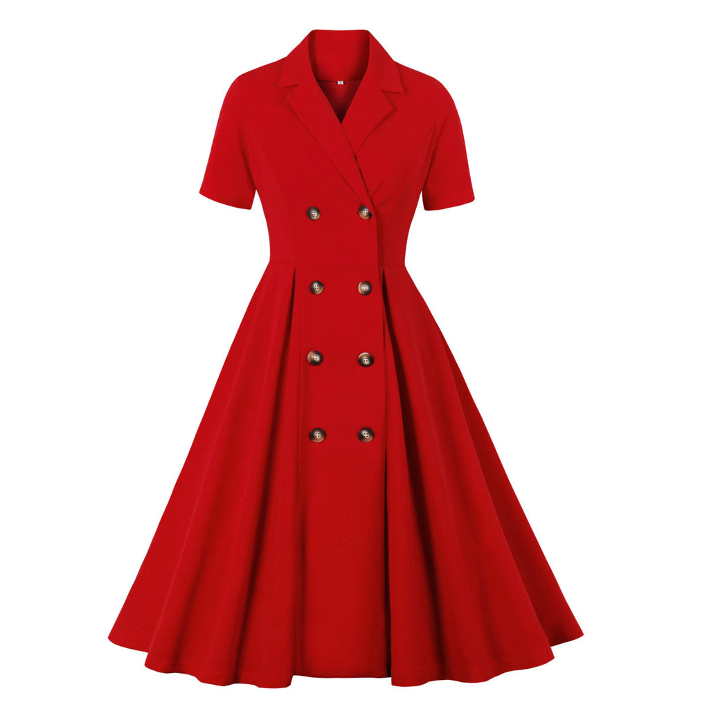 Women's Vintage Short Sleeves 1950s A-Line OL Button Dress