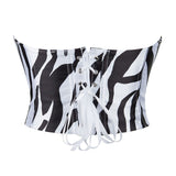 Women's Zebra Striped Print Lace up Boned Overbust Corset Top Strapless Bustier Tube Tops