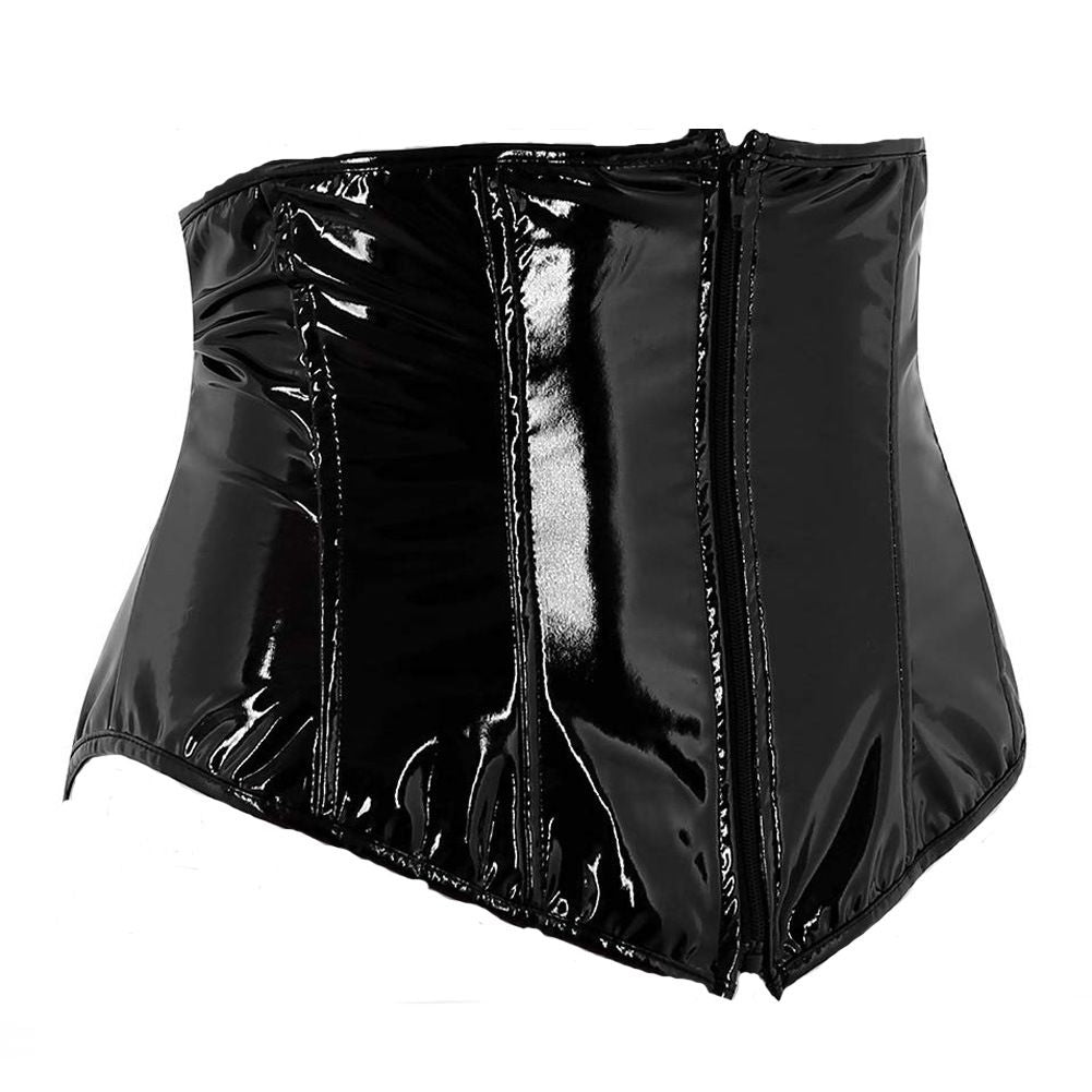 Black PVC Wet Look Leather Steampunk Gothic Wasit Trainer Underbust Corset Bustier