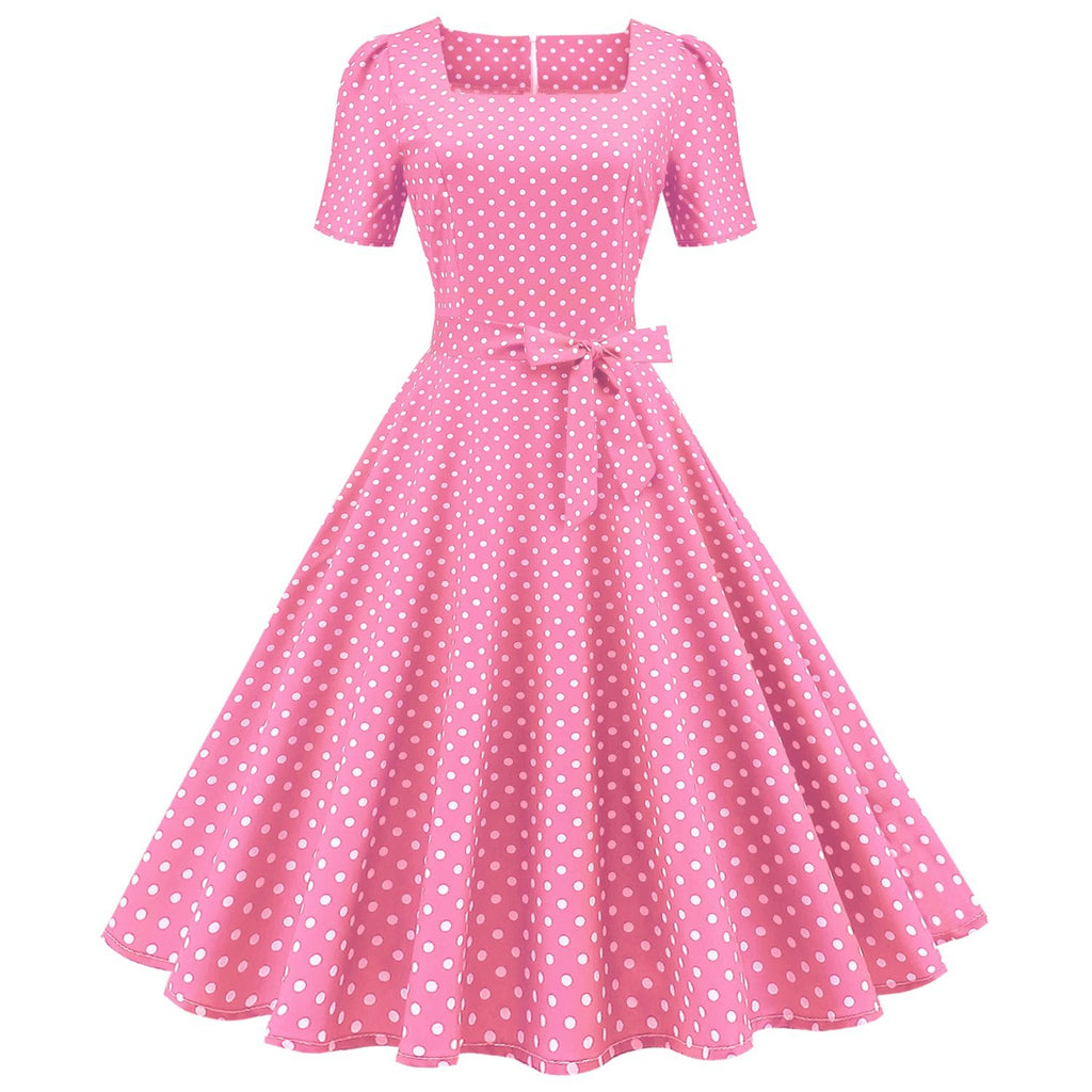 Womens 1950s Vintage Dress Bowknot Prom Swing Short Sleeve Polka Dot Printing Party Dress