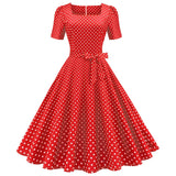 Womens 1950s Vintage Dress Bowknot Prom Swing Short Sleeve Polka Dot Printing Party Dress