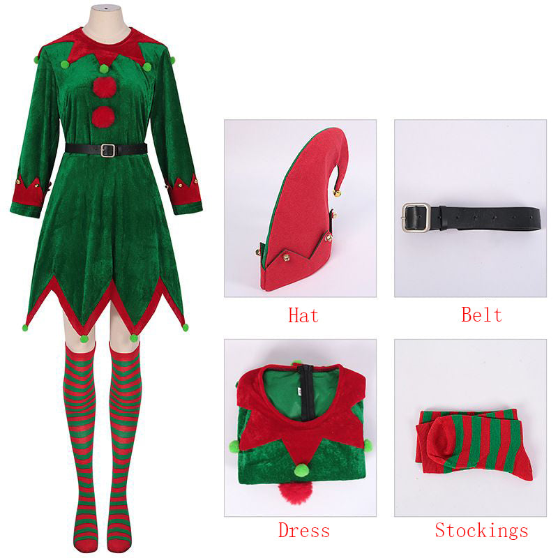 Womens 4 PCS Christmas Elf Holiday Costumes Dress and Hat sock for Women