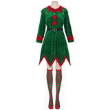 Womens 4 PCS Christmas Elf Holiday Costumes Dress and Hat sock for Women