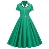 Womens Button Up 1950s Vintage Dresses Women Short Sleeve Belted Summer Swing Dress