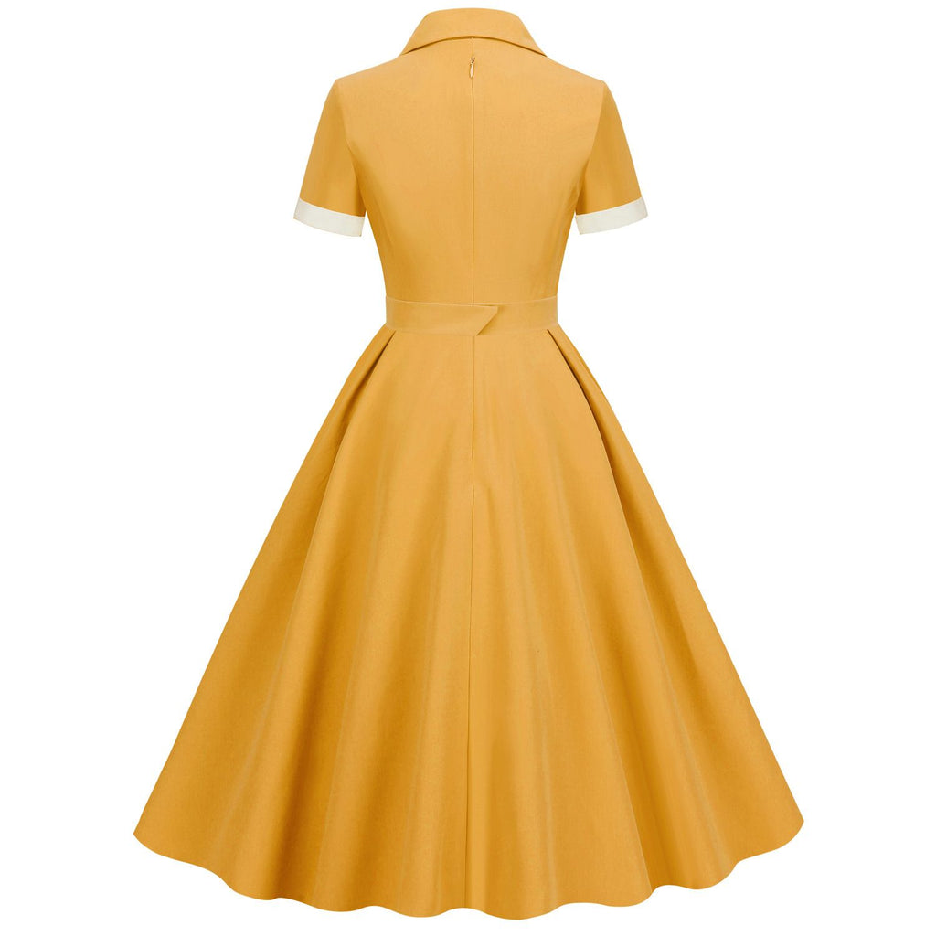 Womens Button Up 1950s Vintage Dresses Women Short Sleeve Belted Summer Swing Dress
