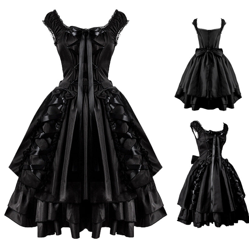 Womens Classic Black Layered Lace-up Goth Lolita Dress