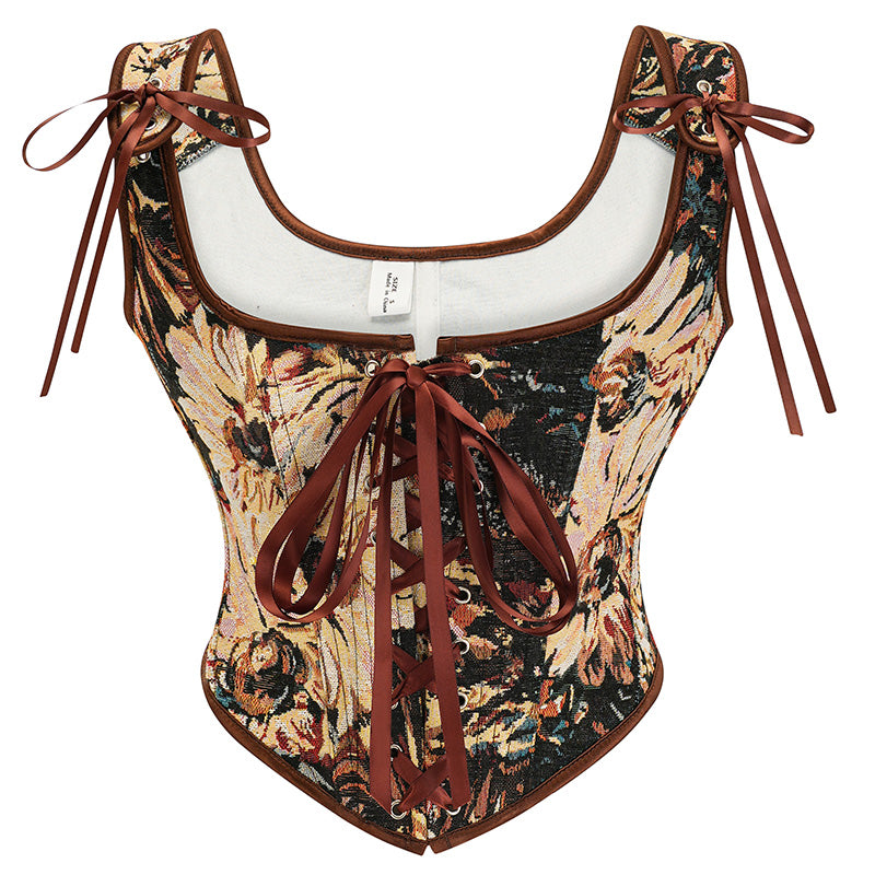 Womens Vintage 1920s Renaissance Lace Trim Tie Front Corset Bustier