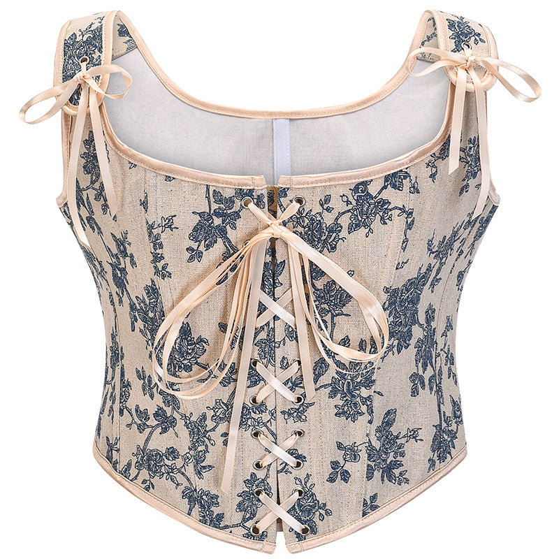 Womens Vintage 1920s Renaissance Lace Trim Tie Front Corset Bustier