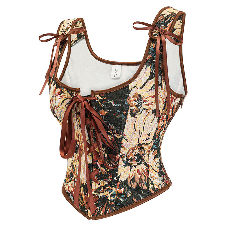 Womens Vintage 1920s Renaissance Lace Trim Tie Front Corset Bustier