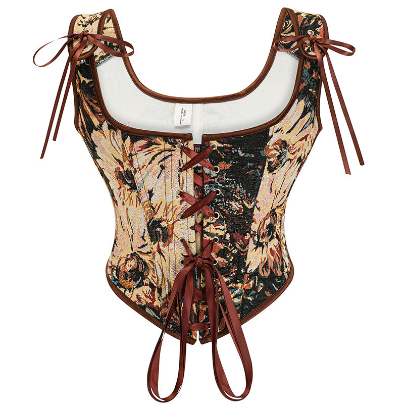 Womens Vintage 1920s Renaissance Lace Trim Tie Front Corset Bustier
