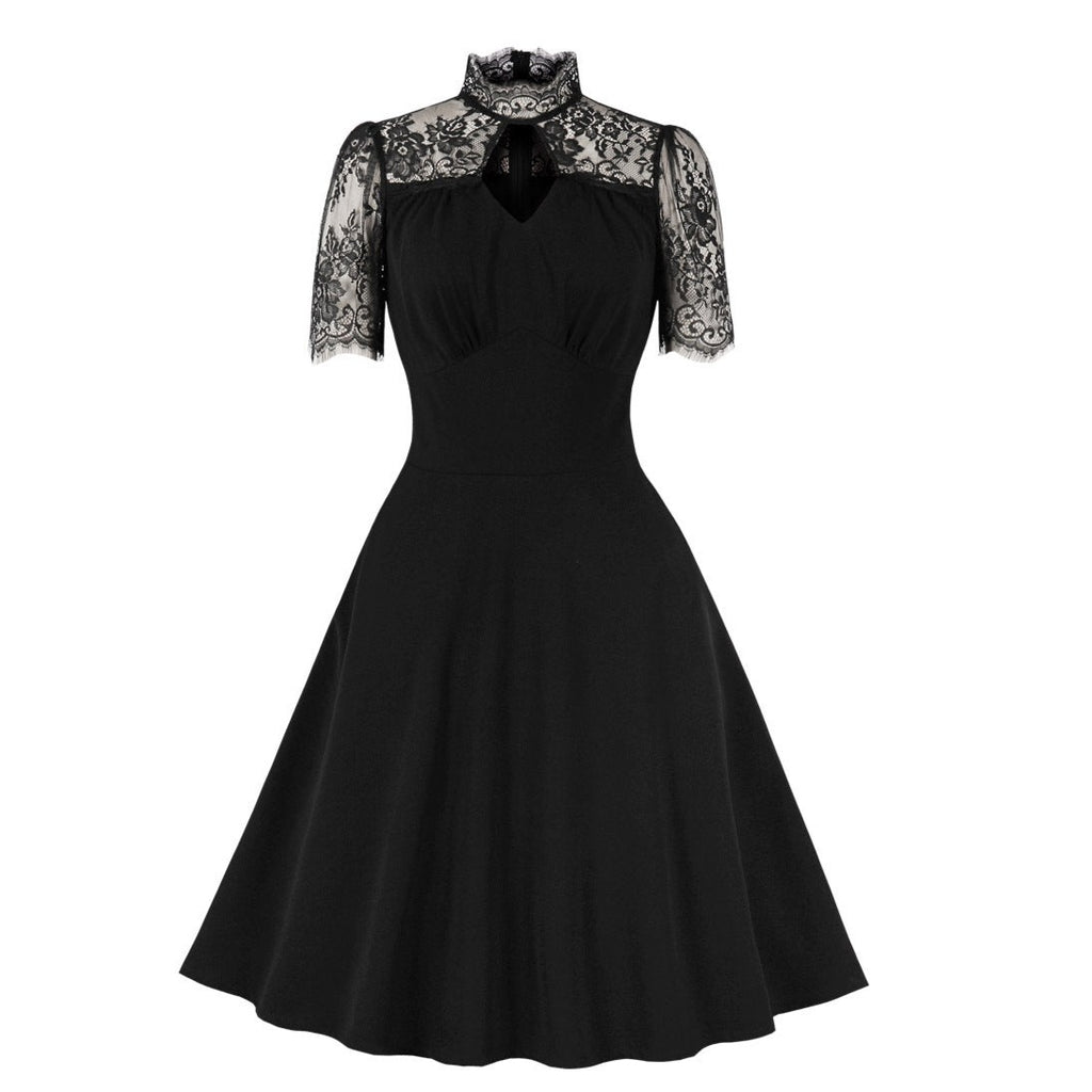 Womens Vintage Gothic Black Lace Swing Party Costume Dress