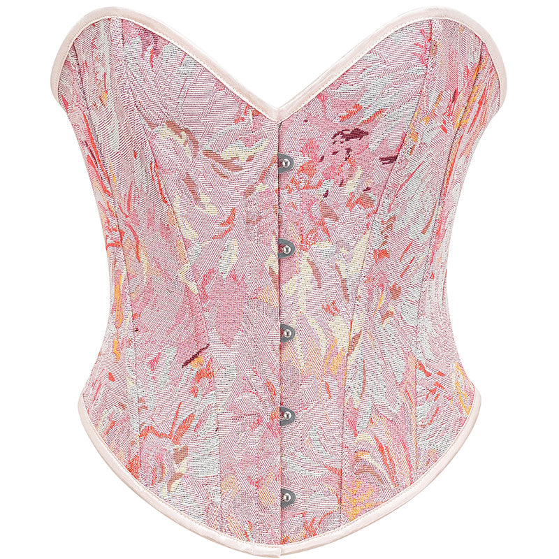 Womens Vintage Victorian Floral Denim Overbust Push Up Corset Bustier Top