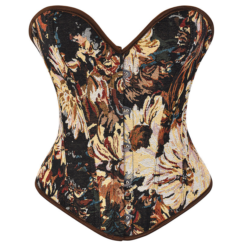 Womens Vintage Victorian Floral Denim Overbust Push Up Corset Bustier Top