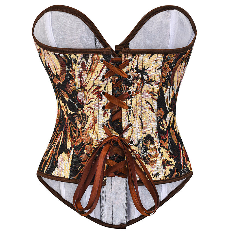 Womens Vintage Victorian Floral Denim Overbust Push Up Corset Bustier Top