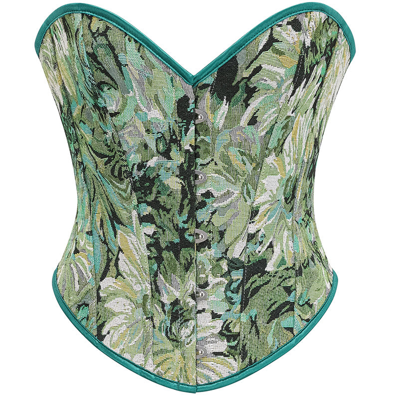 Womens Vintage Victorian Floral Denim Overbust Push Up Corset Bustier Top