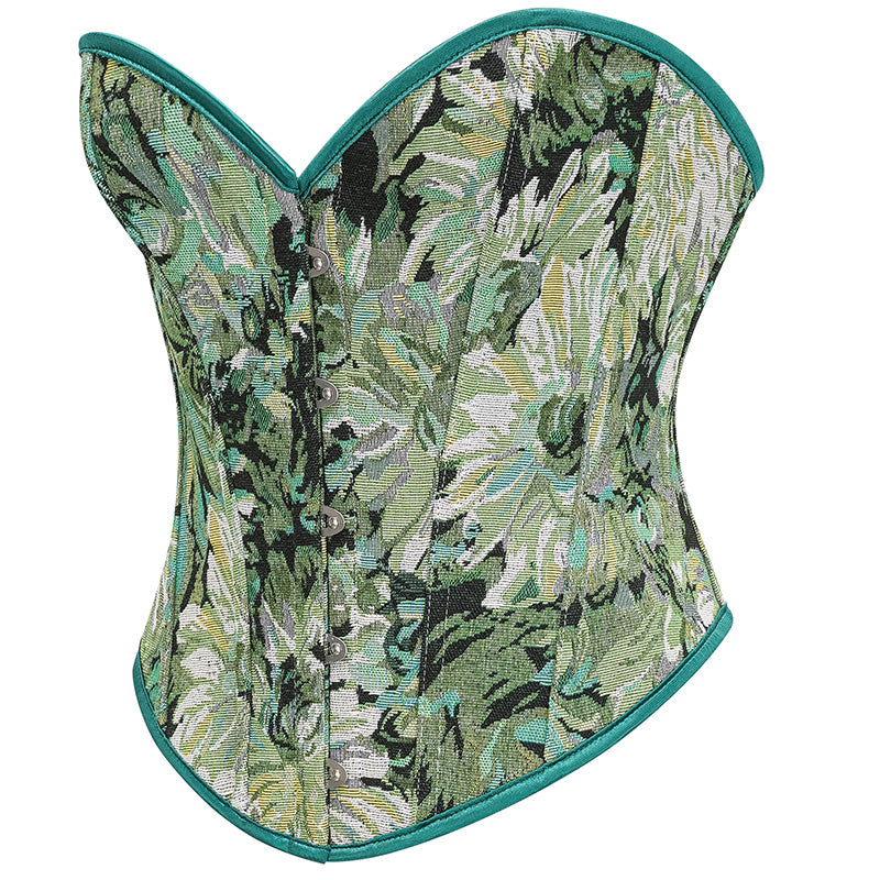Womens Vintage Victorian Floral Denim Overbust Push Up Corset Bustier Top