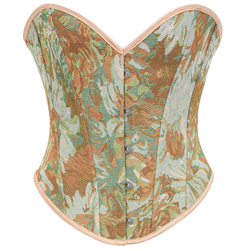 Womens Vintage Victorian Floral Denim Overbust Push Up Corset Bustier Top