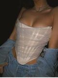 Women's Vintage Strapless Open Back Boned Mesh Zip Back Corset Crop Top