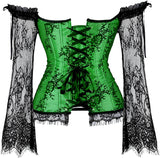 Corset Overbust Lace Up Tops for Women with Long Lace Sleeves