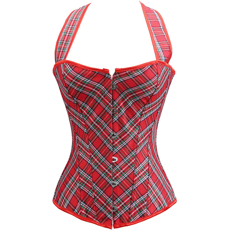 Classic Red Plaid Workout Overbust Lace Up Halter Corset