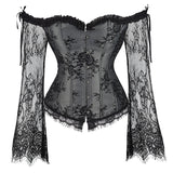 Corset Overbust Lace Up Tops for Women with Long Lace Sleeves