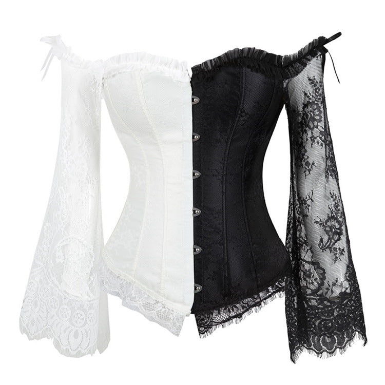 Corset Overbust Lace Up Tops for Women with Long Lace Sleeves